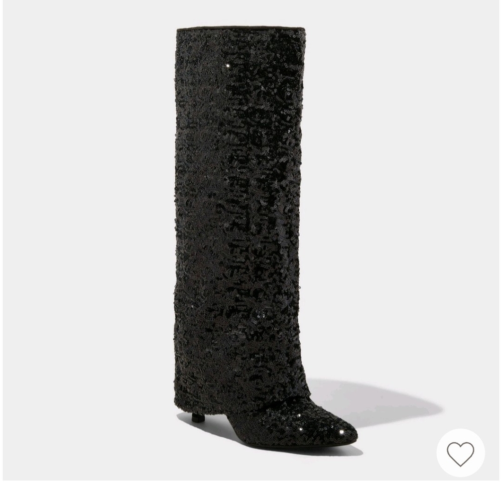 Sparkly Black Heeled Knee-High Boots